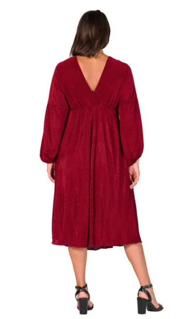 24seven Comfort Apparel Women's Pleated V Neck Empire Waist Midi Dress In Burgundy