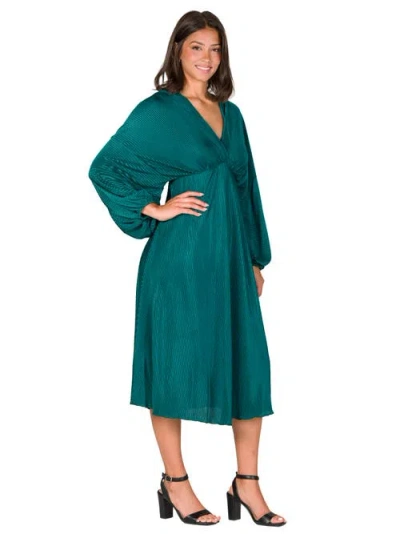 24seven Comfort Apparel Women's Pleated V Neck Empire Waist Midi Dress In Green