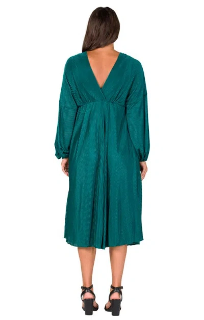 24seven Comfort Apparel Women's Pleated V Neck Empire Waist Midi Dress In Green