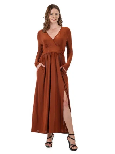 24seven Comfort Apparel Women's Long Sleeve V-neck Side Slit Maxi Dress In Brown