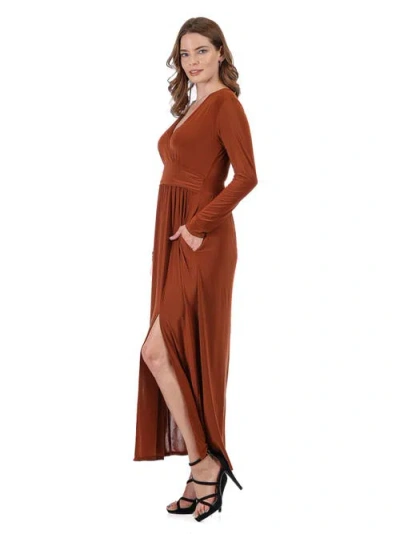 24seven Comfort Apparel Women's Long Sleeve V-neck Side Slit Maxi Dress In Brown
