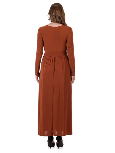 24seven Comfort Apparel Women's Long Sleeve V-neck Side Slit Maxi Dress In Brown