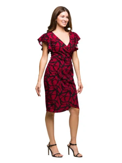 24seven Comfort Apparel Women's Burgundy Print Flutter Sleeve Faux Wrap Dress In Red
