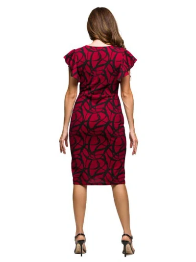 24seven Comfort Apparel Women's Burgundy Print Flutter Sleeve Faux Wrap Dress In Red
