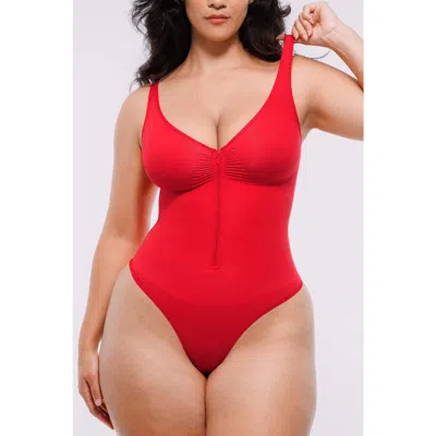 Shapellx Skin Flow Zipper Front Thong Bodysuit In Red