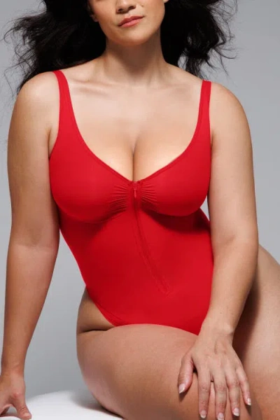 Shapellx Skin Flow Zipper Front Thong Bodysuit In Red
