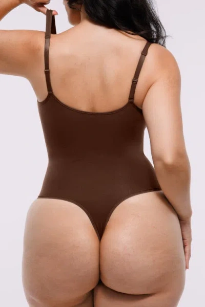 Shapellx Skin Flow Zipper Front Thong Bodysuit In Brown