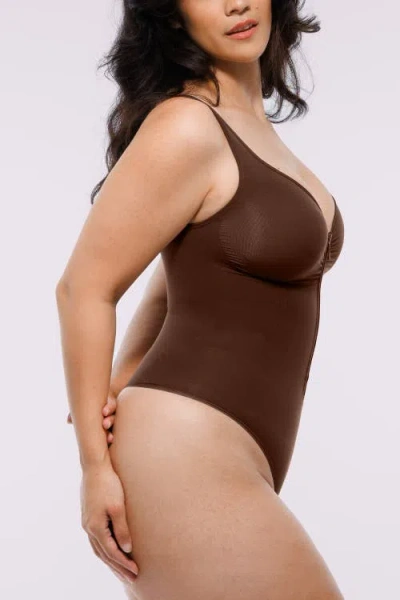 Shapellx Skin Flow Zipper Front Thong Bodysuit In Brown