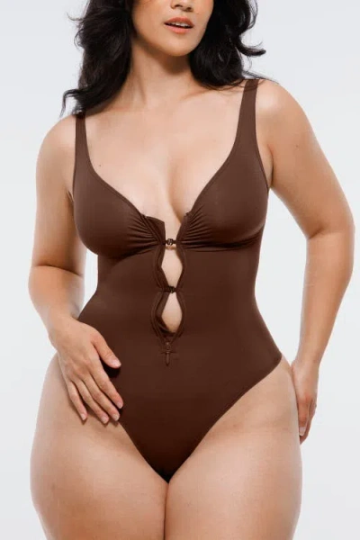 Shapellx Skin Flow Zipper Front Thong Bodysuit In Brown