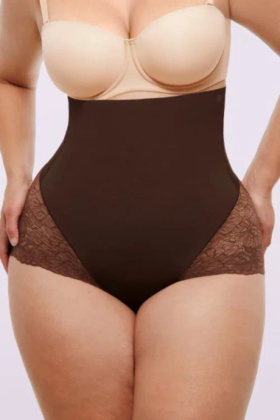 Shapellx Mesh Smooth High-waisted Sheer Lace Brief In Brown