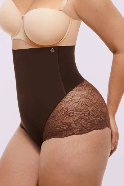 Shapellx Mesh Smooth High-waisted Sheer Lace Brief In Brown