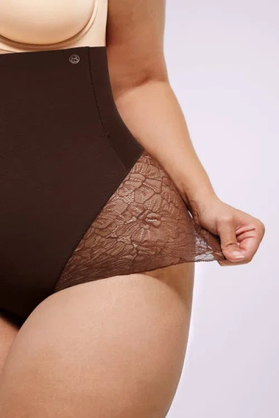 Shapellx Mesh Smooth High-waisted Sheer Lace Brief In Brown