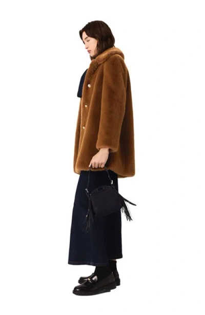 Maje Womens Brown Collared Mid-length Faux-fur Coat
