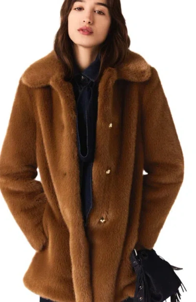 Maje Womens Brown Collared Mid-length Faux-fur Coat