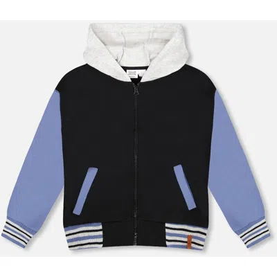 Deux Par Deux Full Zip Hooded Fleece Jacket Varsity In Black