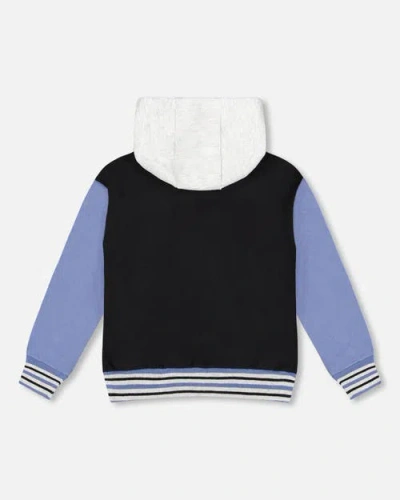 Deux Par Deux Full Zip Hooded Fleece Jacket Varsity In Black