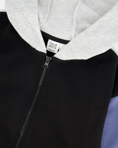 Deux Par Deux Full Zip Hooded Fleece Jacket Varsity In Black