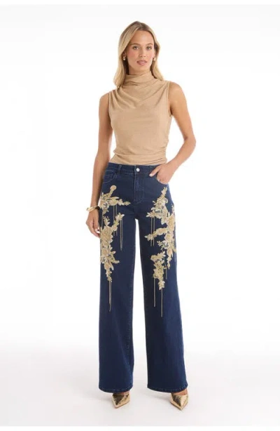 The Noli Shop Rocco Gold Embellished Jean In Blue