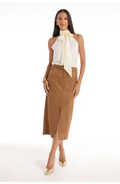 The Noli Shop Rina Tie Neck Blouse In Brown