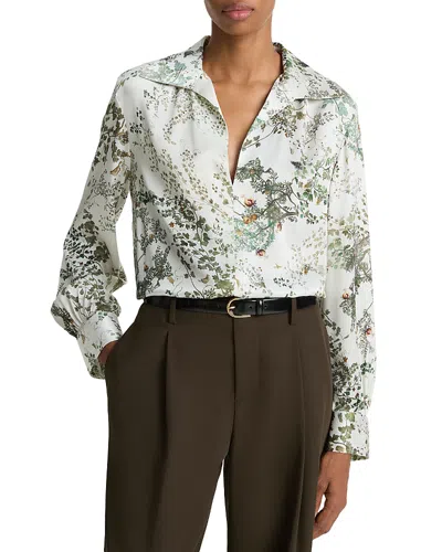 Vince Grape Vine Placed Smocked Silk Blouse In White