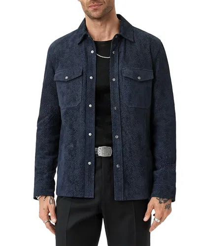 John Varvatos Jonah Herringbone Pattern Leather Overshirt In Blue