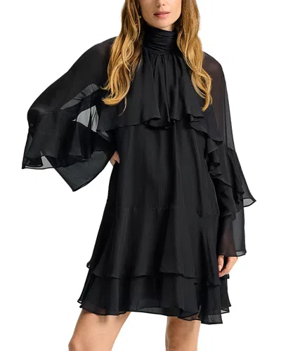 Veronica Beard Adlington Ruffle Detail Long Sleeve Silk Chiffon Dress In Black