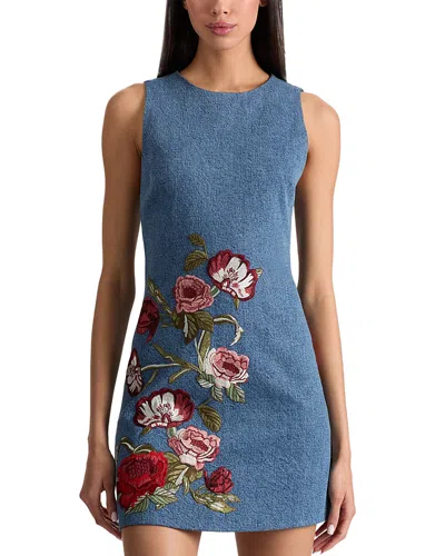 Alice And Olivia Cade Embroidered Sleeveless Denim Mini Shift Dress In Blue