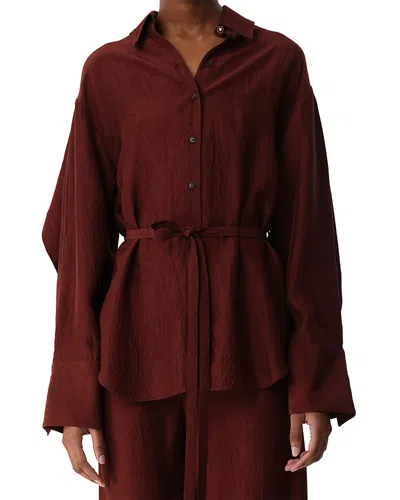Jason Wu Collection Belted Crinkled Satin Oversized Button Up Shirt In Red