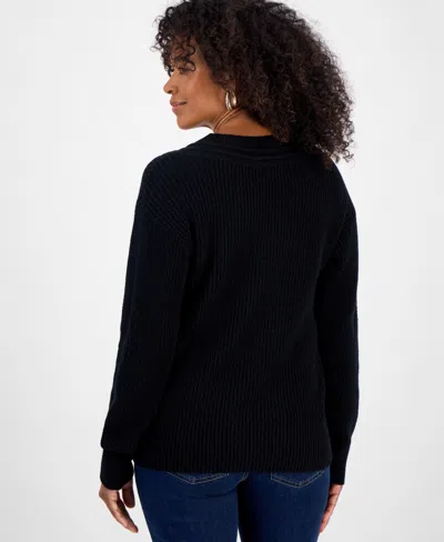 Style & Co Petite Textured Stitch V-neck Sweater, Macy's Exclusive In Black