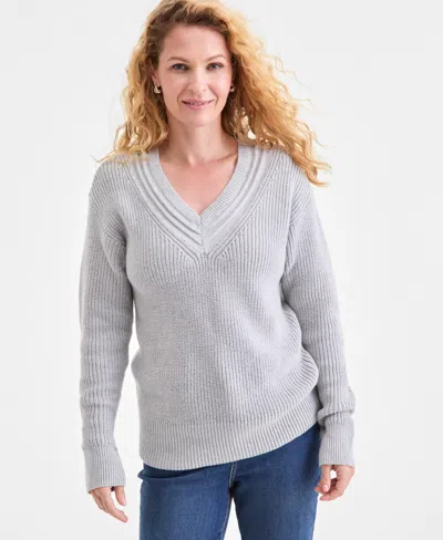 Style & Co Petite Textured Stitch V-neck Sweater, Macy's Exclusive In Gray