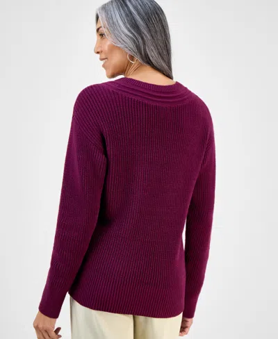 Style & Co Petite Textured Stitch V-neck Sweater, Macy's Exclusive In Burgundy