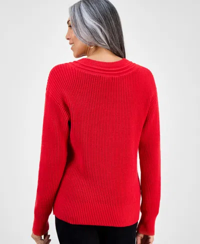 Style & Co Petite Textured Stitch V-neck Sweater, Macy's Exclusive In Red