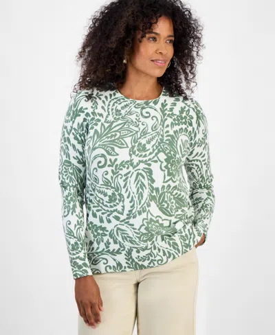 Style & Co Women's Printed Crewneck Sweater, Macy's Exclusive In Green