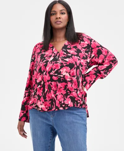 Inc International Concepts Plus Size Surplice-neck Blouse, Macy's Exclusive In Brown