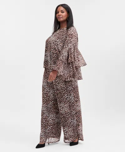 Inc International Concepts Plus Size Printed Ruffle-sleeve Top, Macy's Exclusive In Brown