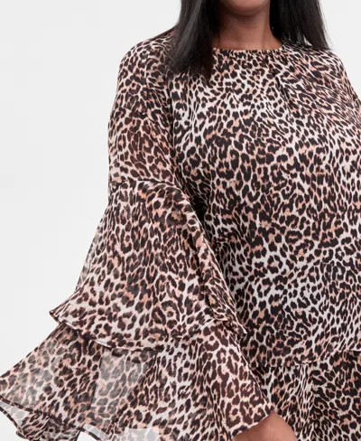 Inc International Concepts Plus Size Printed Ruffle-sleeve Top, Macy's Exclusive In Brown