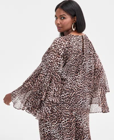 Inc International Concepts Plus Size Printed Ruffle-sleeve Top, Macy's Exclusive In Brown