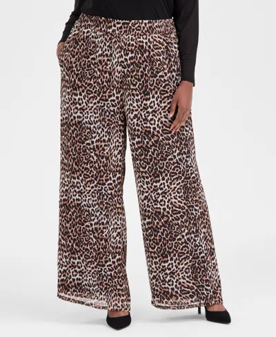 Inc International Concepts Plus Size Printed Crinkle Chiffon Wide-leg Pants, Macy's Exclusive In Brown