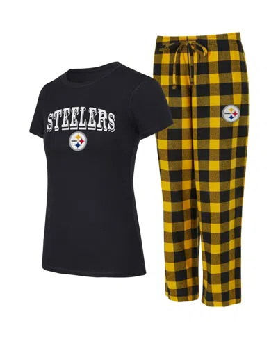 Concepts Sport Women'sâ Black, Gold Pittsburgh Steelers Avondale T-shirt Pants Flannel Pj Set In Multi