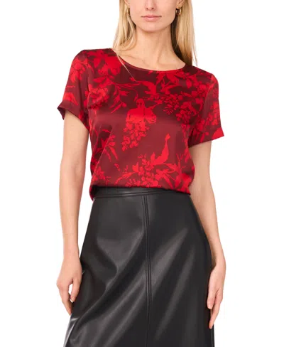 Vince Camuto Floral Charmeuse Roll Cuff Top In Red