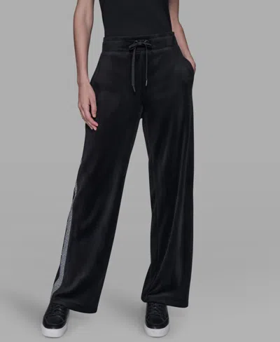 Karl Lagerfeld Petite Velour Rhinestone Trim Track Pant In Black