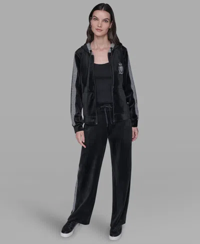 Karl Lagerfeld Petite Velour Rhinestone Trim Zip-up Jacket In Black