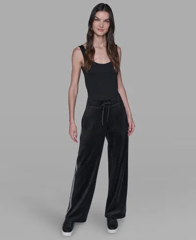 Karl Lagerfeld Petite Velour Rhinestone Trim Track Pant In Black