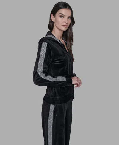 Karl Lagerfeld Petite Velour Rhinestone Trim Zip-up Jacket In Black