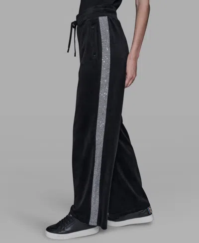 Karl Lagerfeld Petite Velour Rhinestone Trim Track Pant In Black