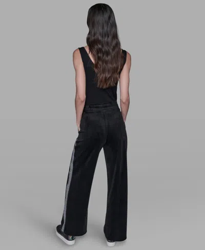 Karl Lagerfeld Petite Velour Rhinestone Trim Track Pant In Black