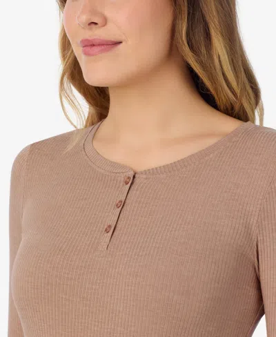 Cuddl Duds Henley Neck Long Sleeve Top In Brown