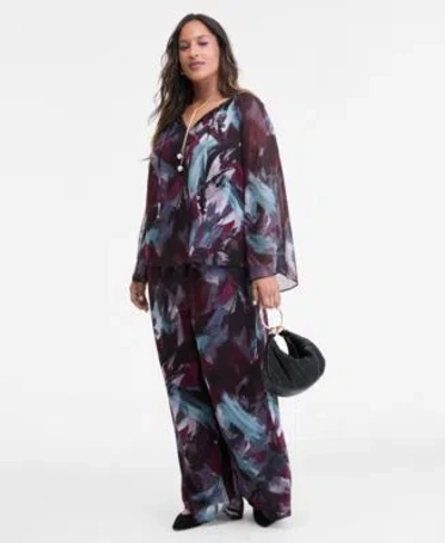 Inc International Concepts Plus Size Printed Long Sleeve Tie Front Blouse High Rise Wide Leg Crinkle Pants Macys Exclusive In Brown