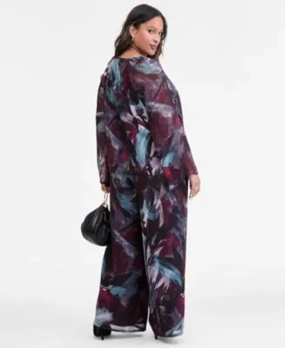 Inc International Concepts Plus Size Printed Long Sleeve Tie Front Blouse High Rise Wide Leg Crinkle Pants Macys Exclusive In Brown