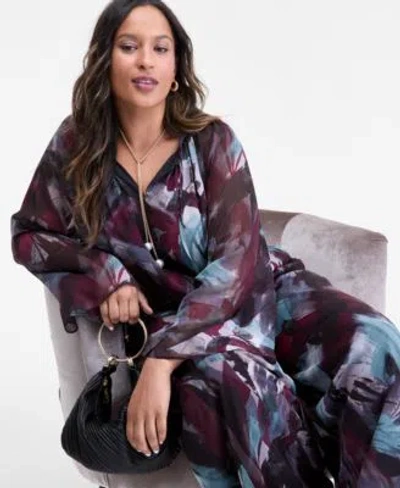 Inc International Concepts Plus Size Printed Long Sleeve Tie Front Blouse High Rise Wide Leg Crinkle Pants Macys Exclusive In Brown